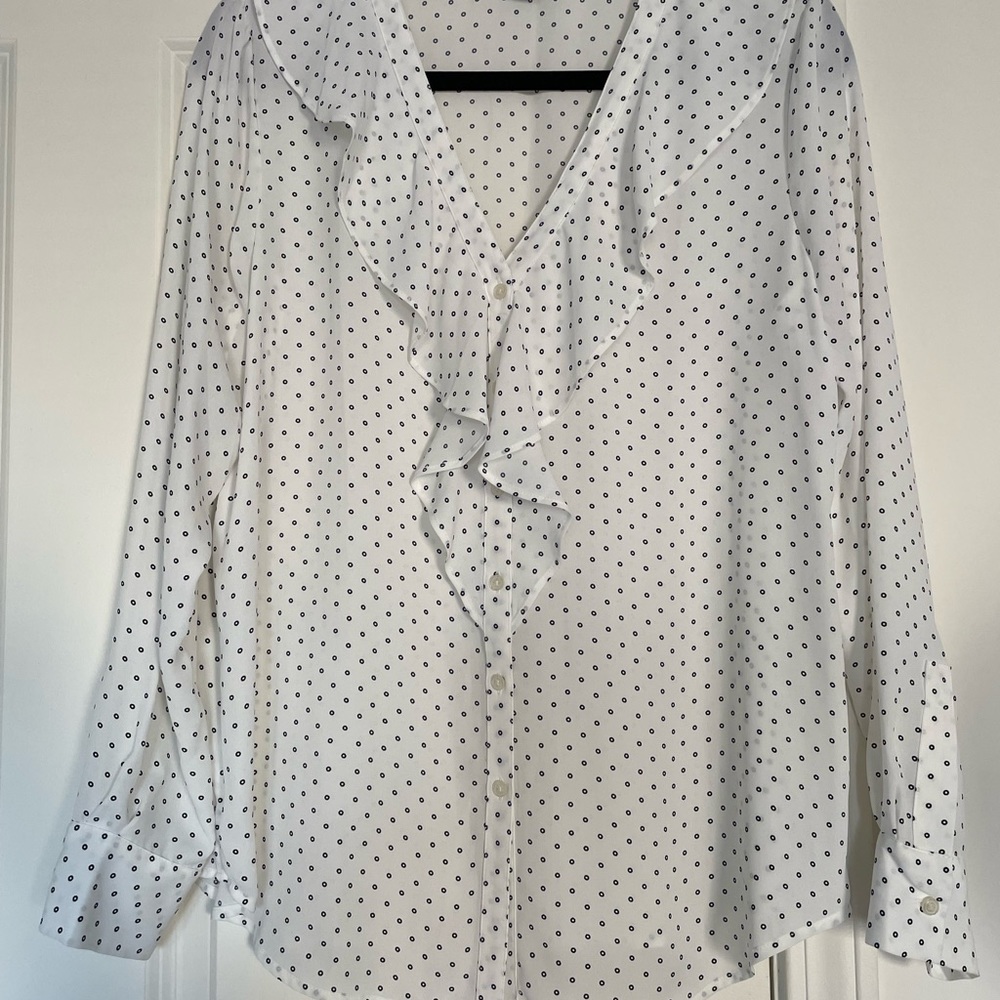 Ann Taylor Factory White Ruffled V Neck with Polka Dots Blouse